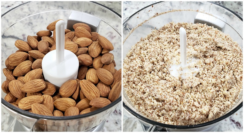 Grinding almonds in a food processor.