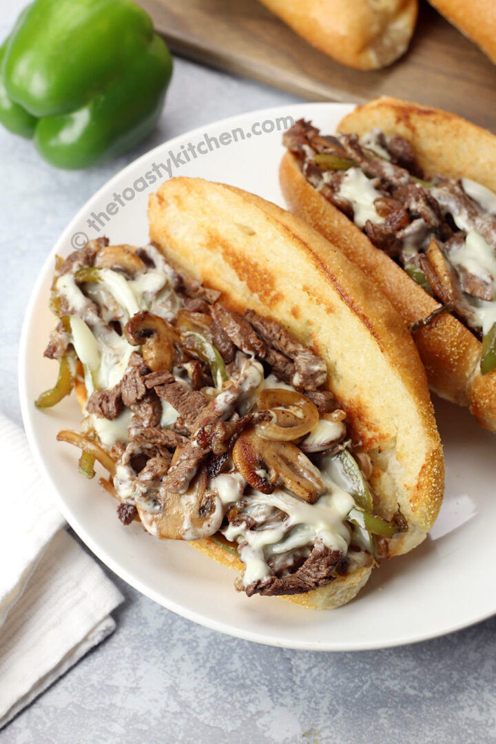 Cheesesteak filling on a hoagie roll.