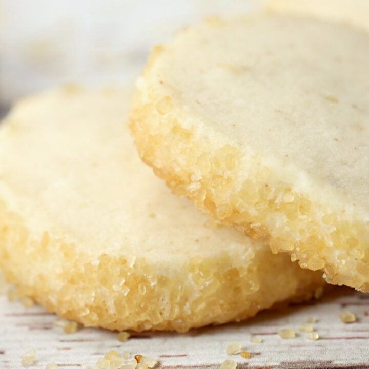Turbinado sugar on edges of shortbread cookies.
