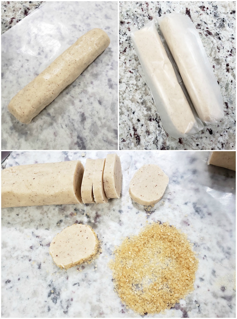 Cookie dough rolled into tubes for slicing.