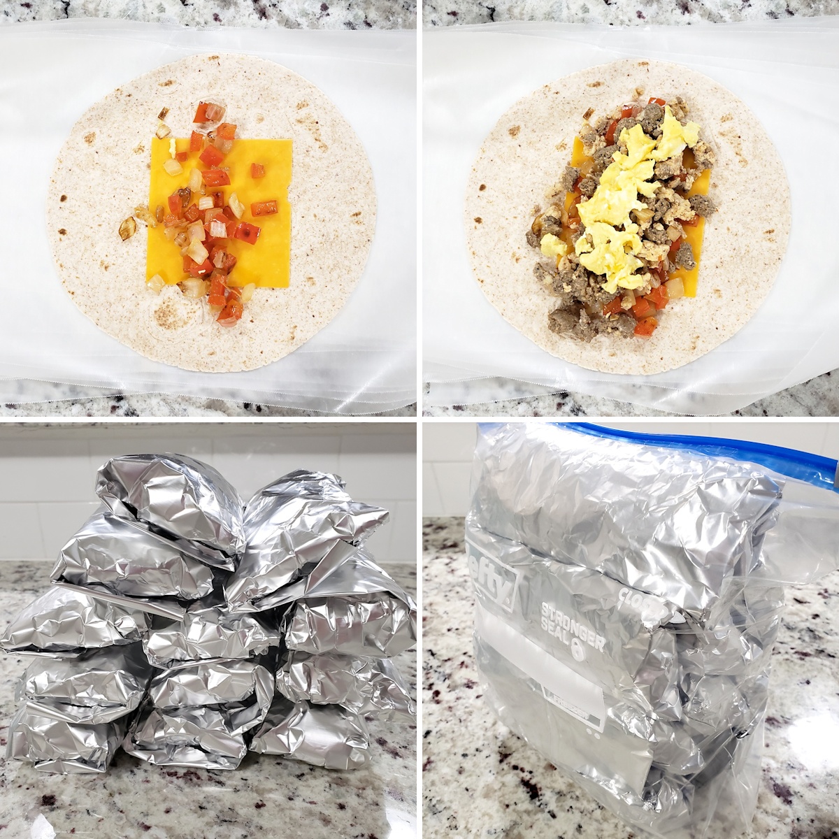 Assembling burritos and wrapping them in foil to freeze.