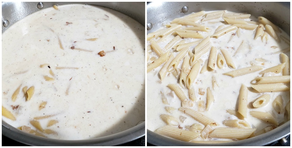 Adding broth and pasta to a saute pan.