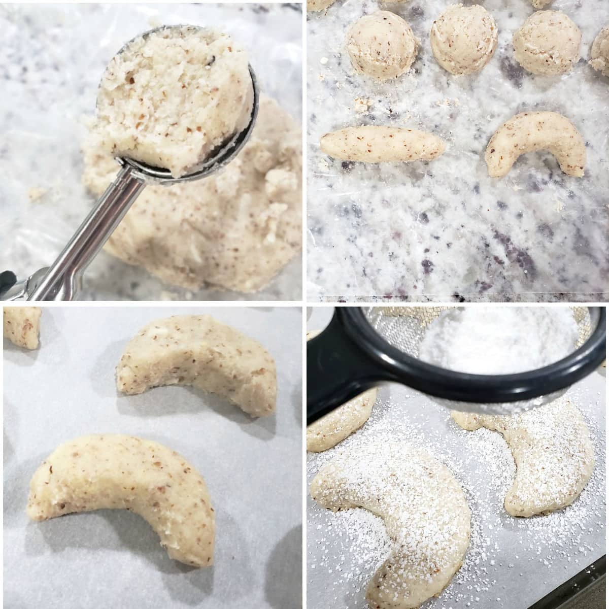 Making vanilla crescent cookies.