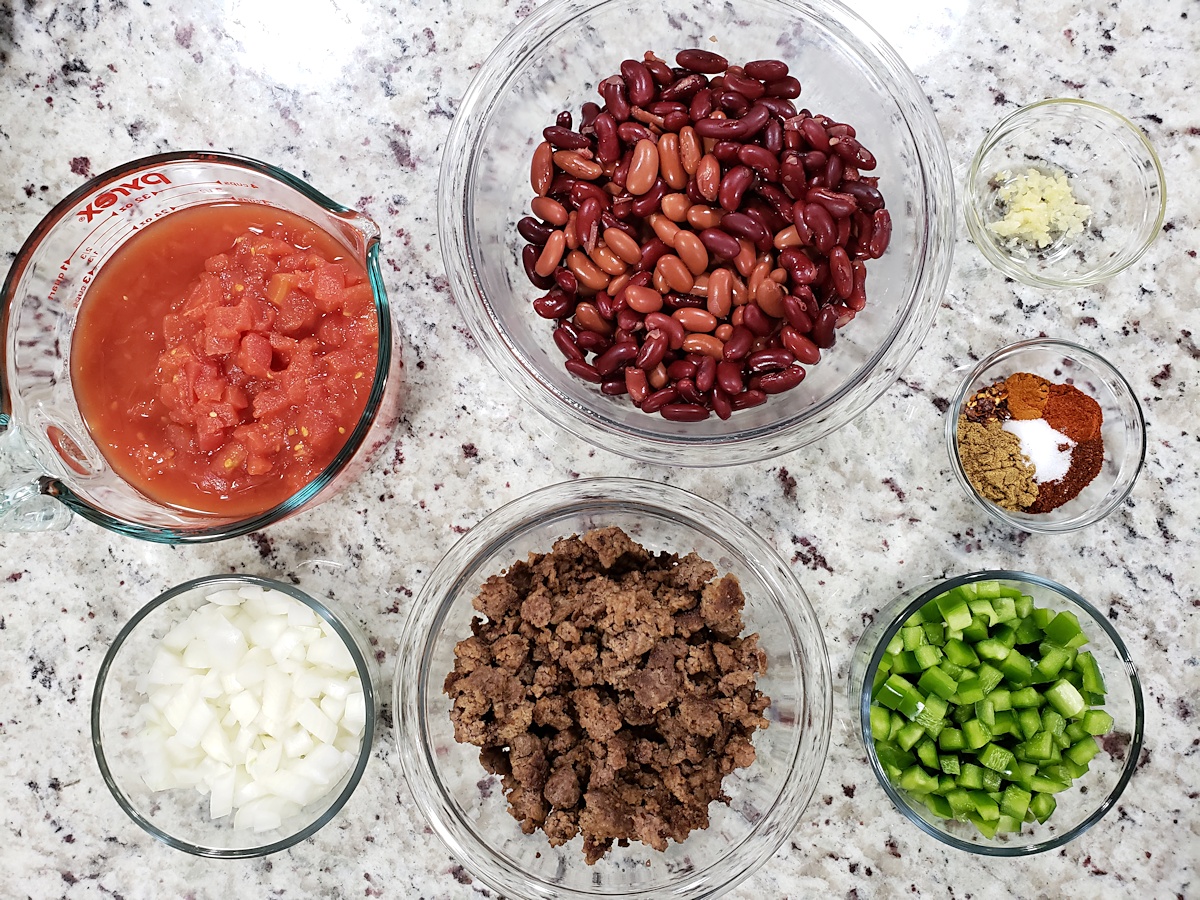 Ingredients laid out to make slow cooker chili.