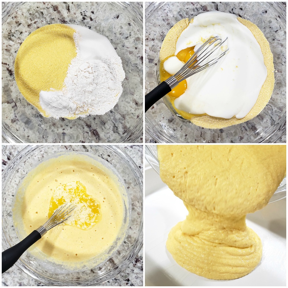 Mixing cornbread ingredients in a bowl.