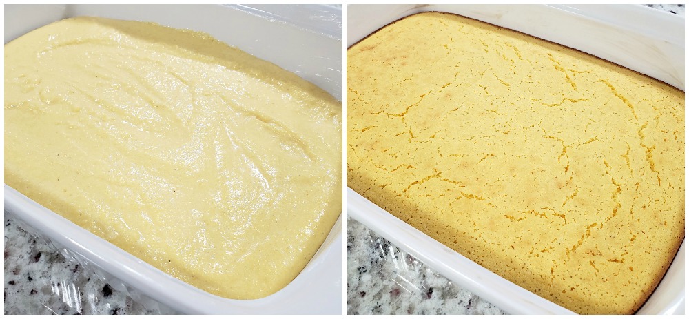 Cornbread before and after baking.
