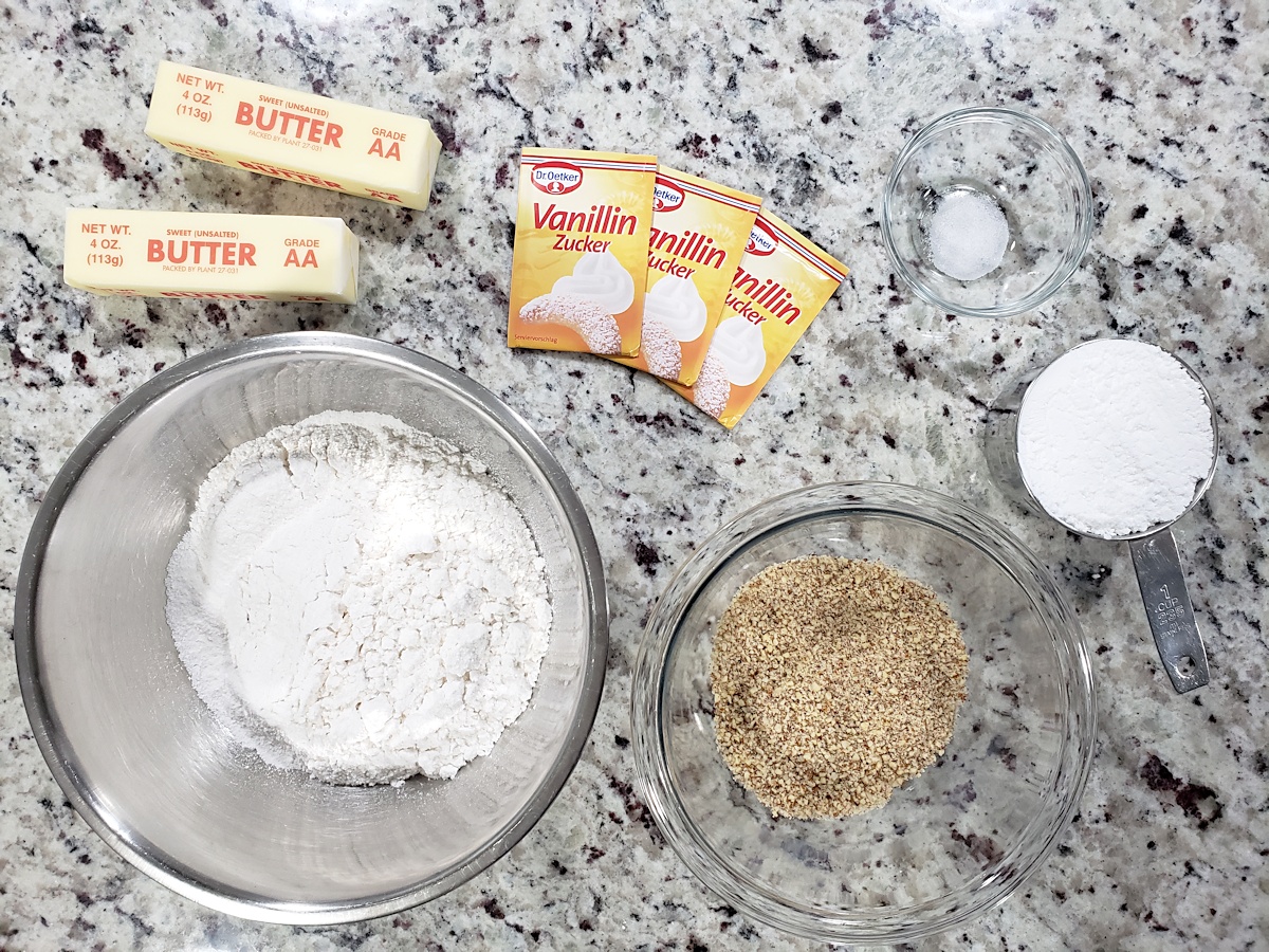 Ingredients to make vanillekipferl.
