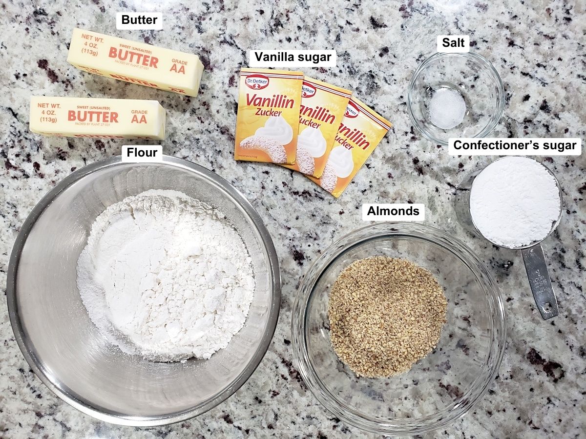 Ingredients to make vanillekipferl.