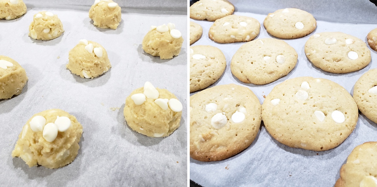 Cookie dough on a baking sheet before and after baking.