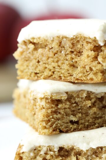 Close up of cakey texture of applesauce bars.