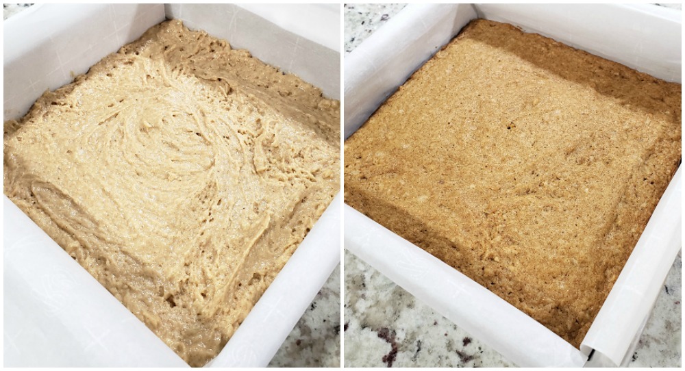 Before and after baking a batch of bars in a metal pan..