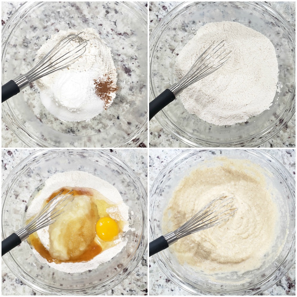 Mixing pancake batter in a glass bowl.