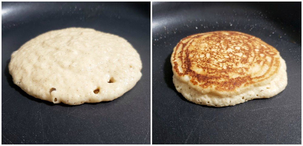 A pancake before and after flipping in a pan.