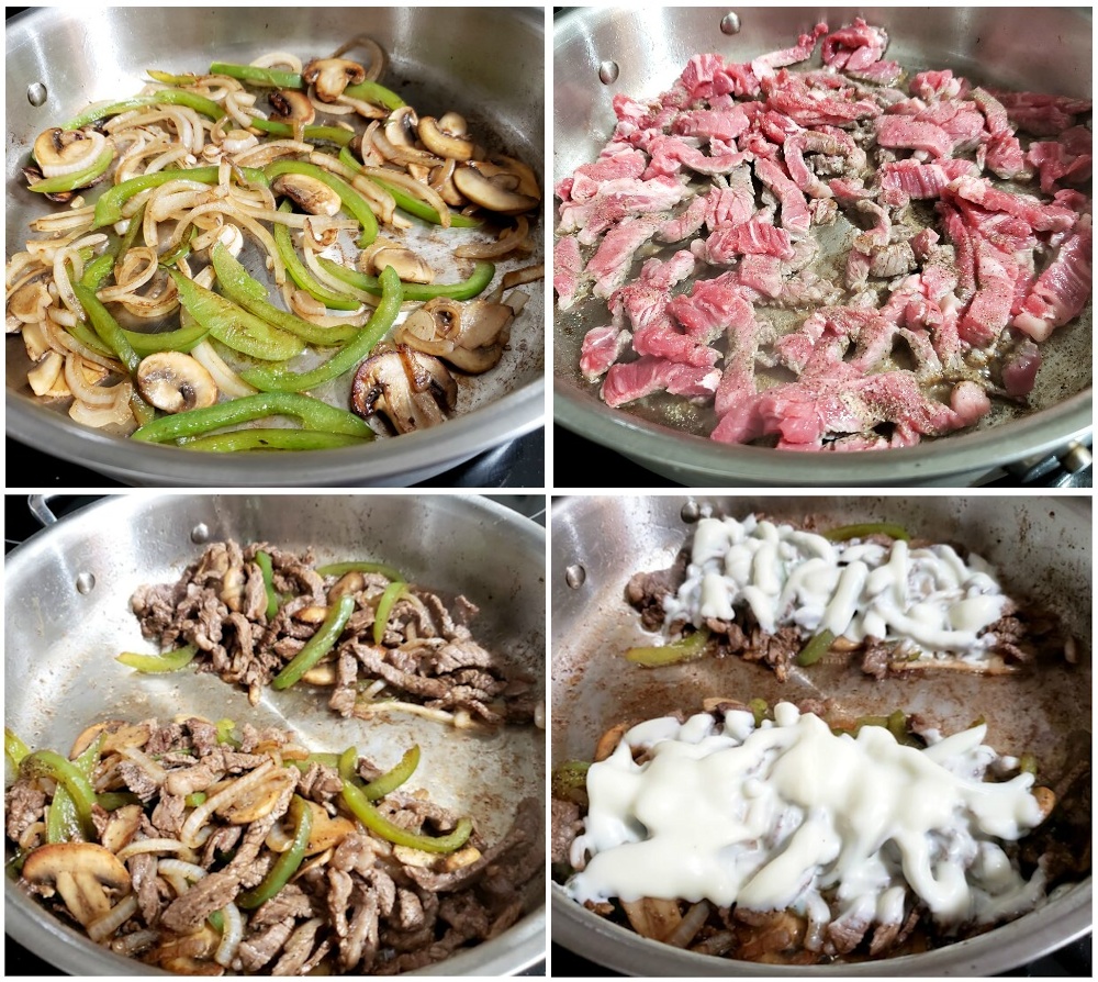 Cooking cheesesteak ingredients in a saute pan.