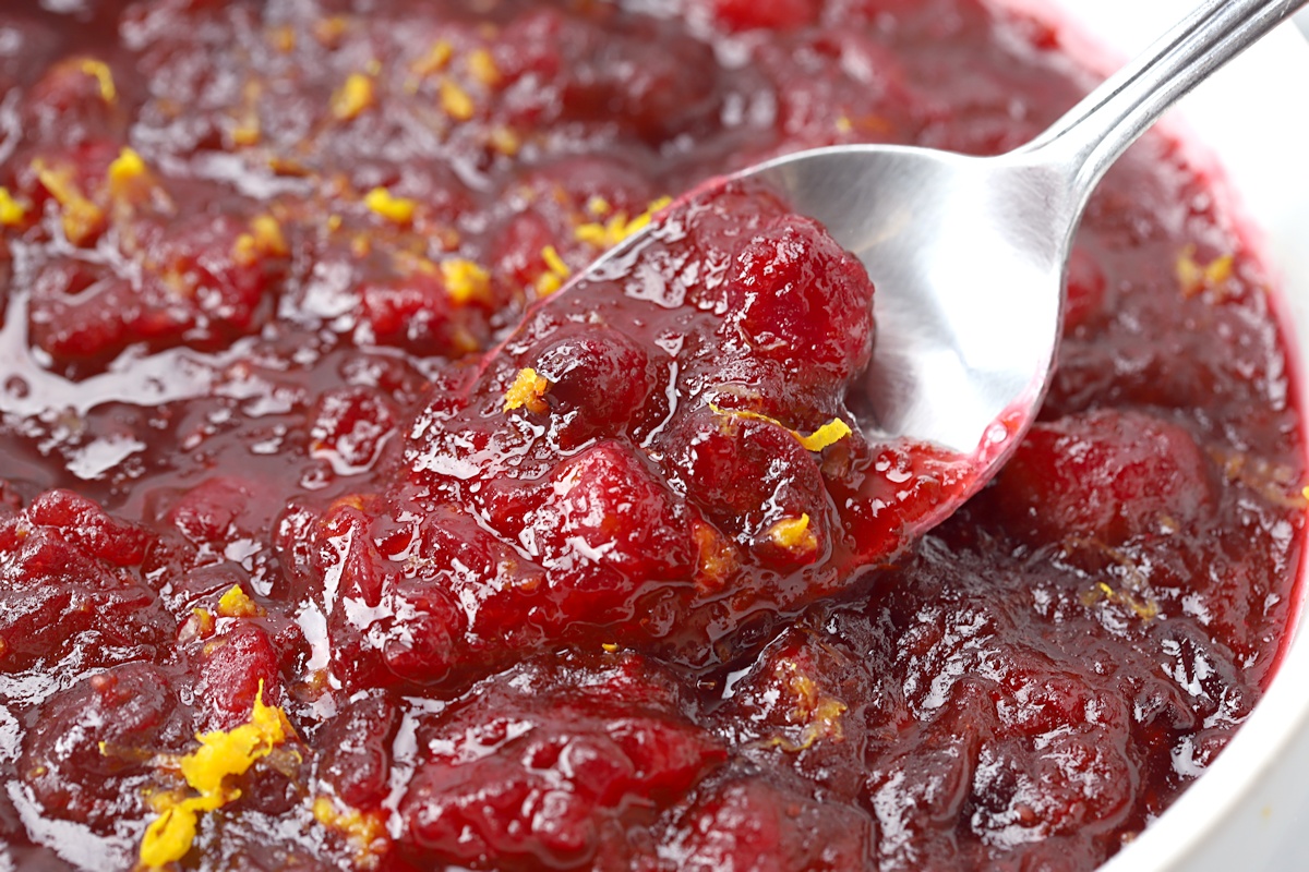 A spoon of cranberry sauce.