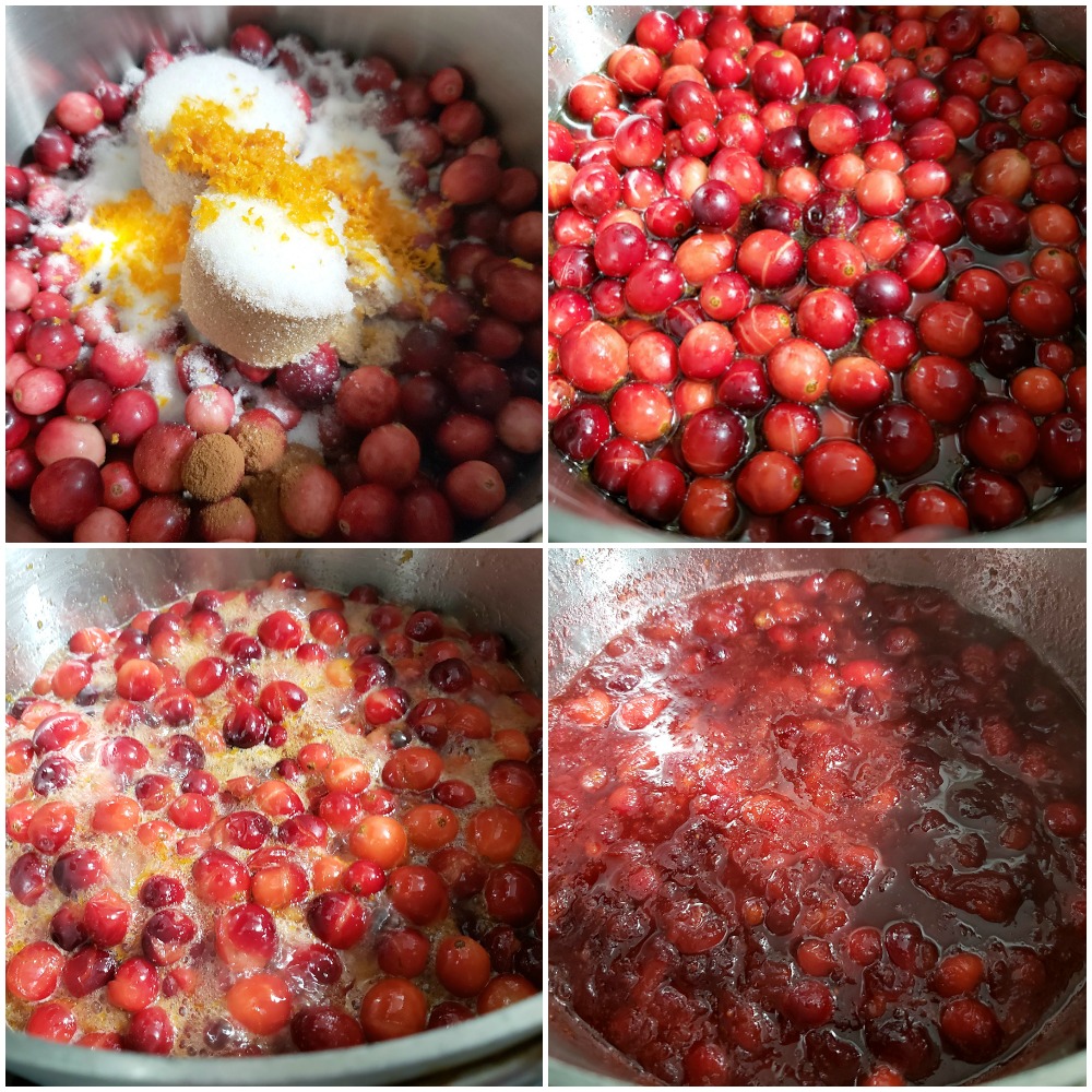 Cranberries cooking in a sauce pan.