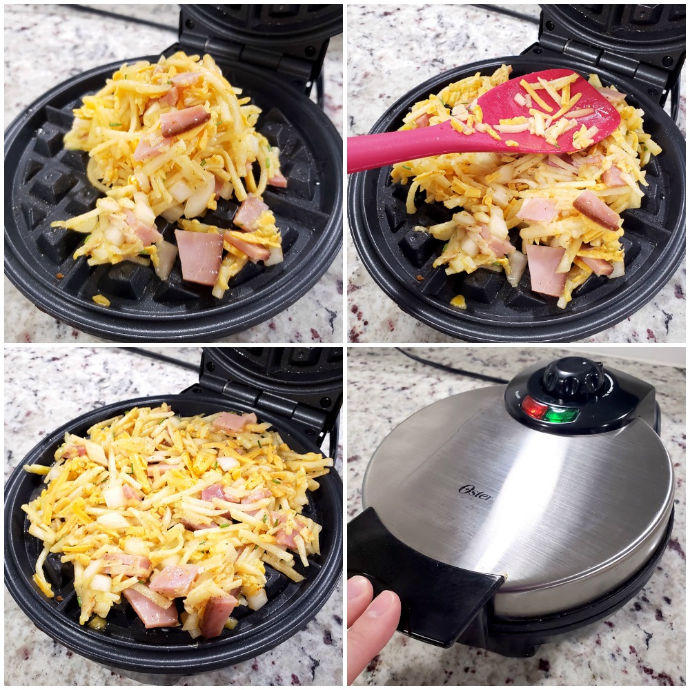 Pouring hash brown waffles into waffle maker.