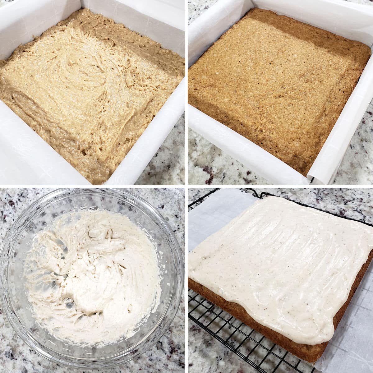 Making applesauce spice bars in a square pan, then making icing and spreading onto bars.