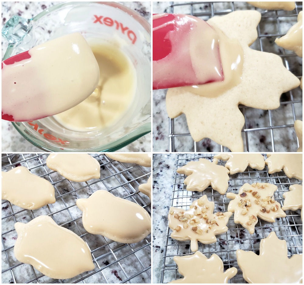 Making maple glaze and frosting cookies.