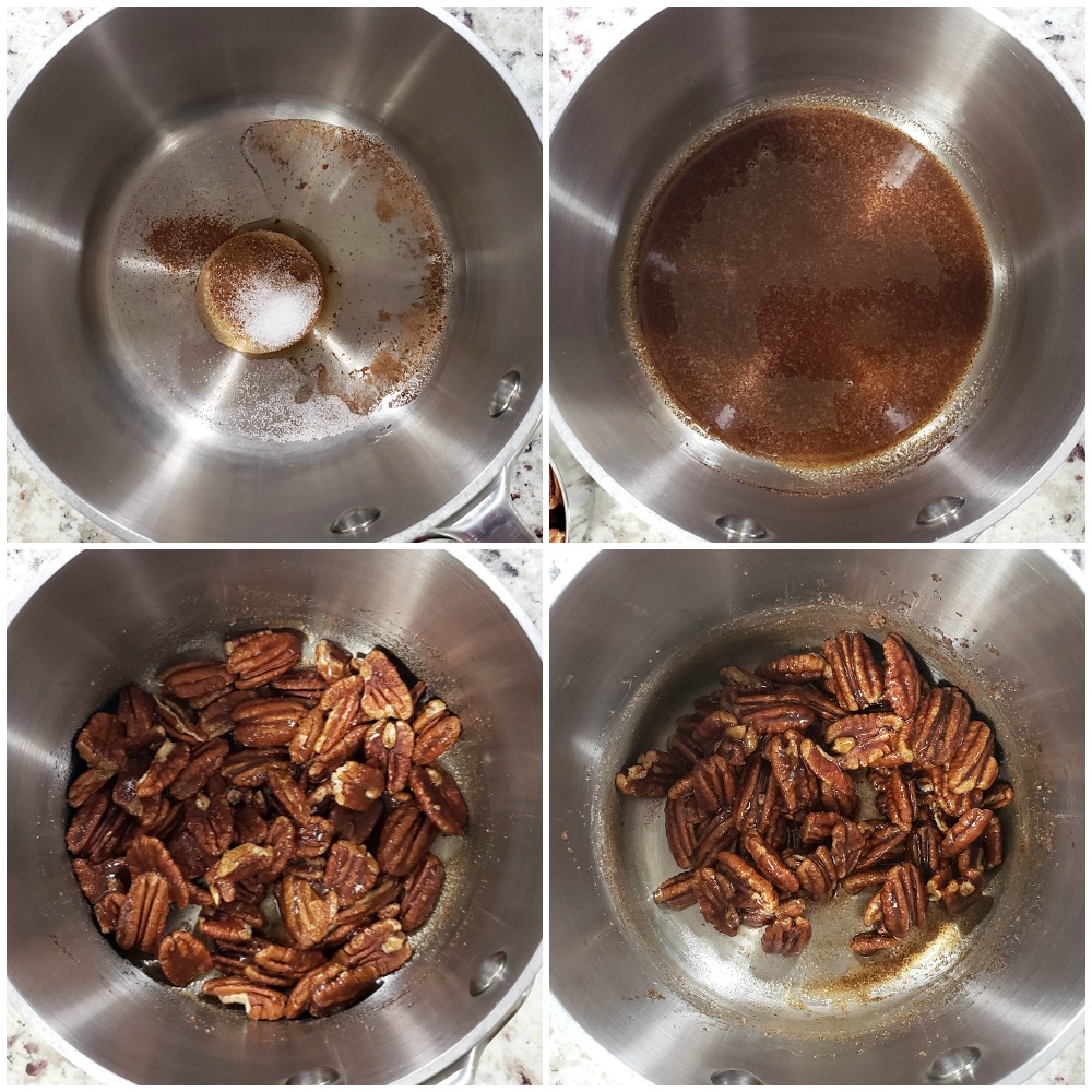 Melting ingredients in a saucepan and adding pecans.