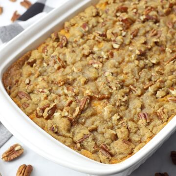 Pecan sugar topping on a casserole.