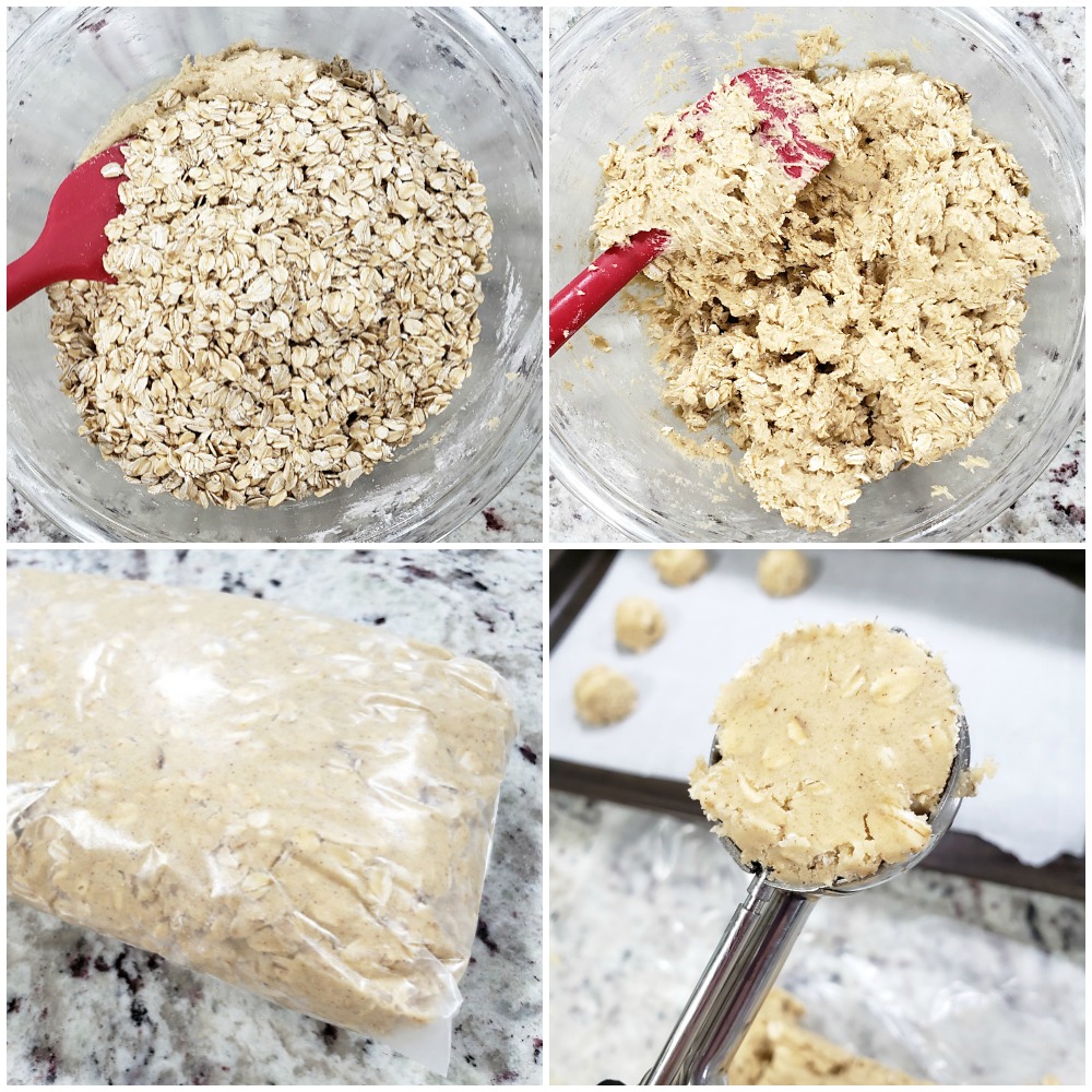 Adding oats to a cookie dough and scooping for baking.