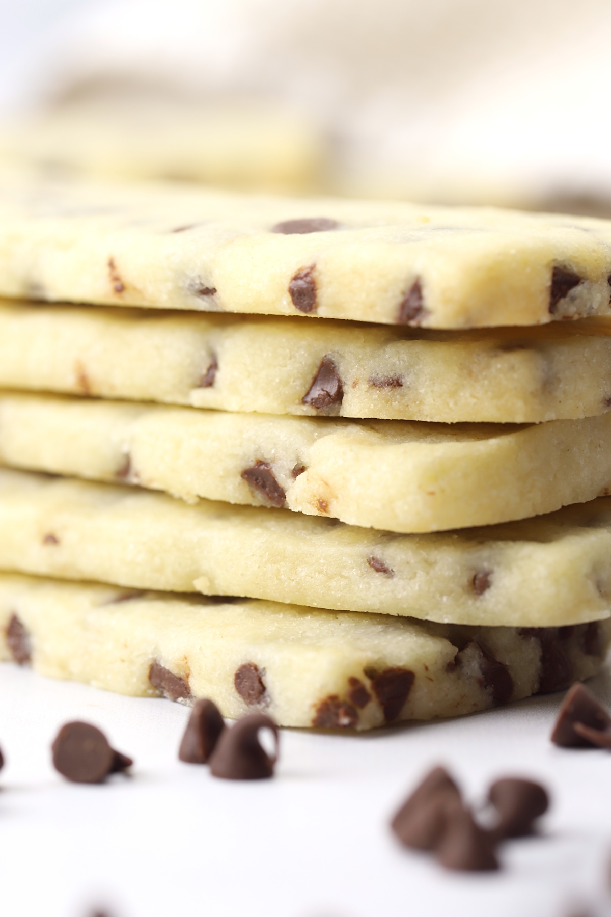 Close up of chocolate chips in shortbread cookies.