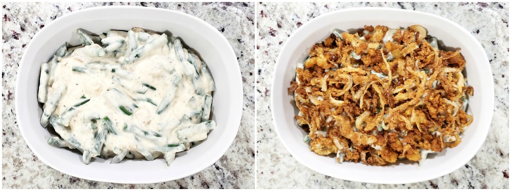 Topping a casserole with fried onions.