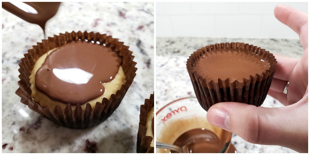 Adding chocolate shell topping to cheesecakes.