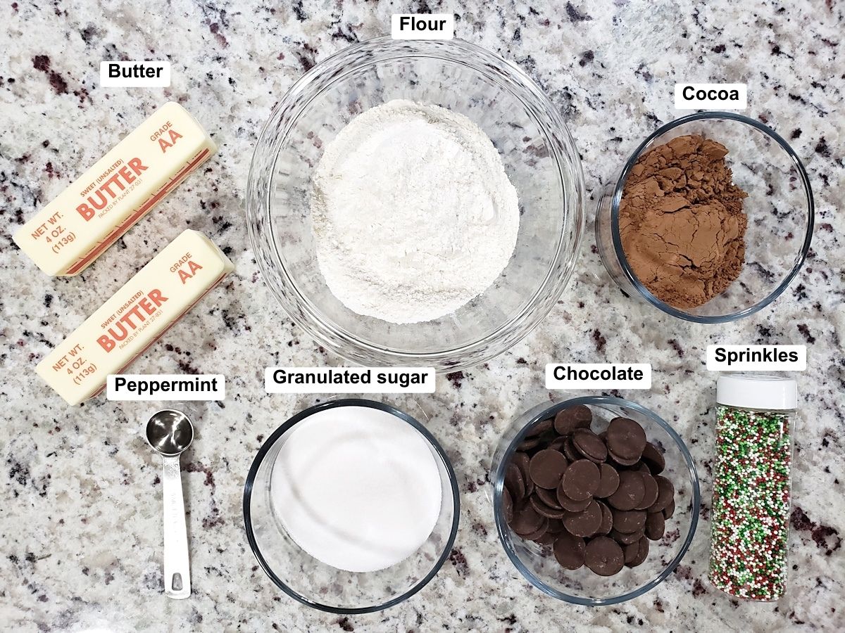 Ingredients to make chocolate shortbread cookies.