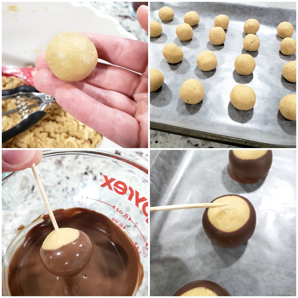 Dipping peanut butter balls into chocolate.