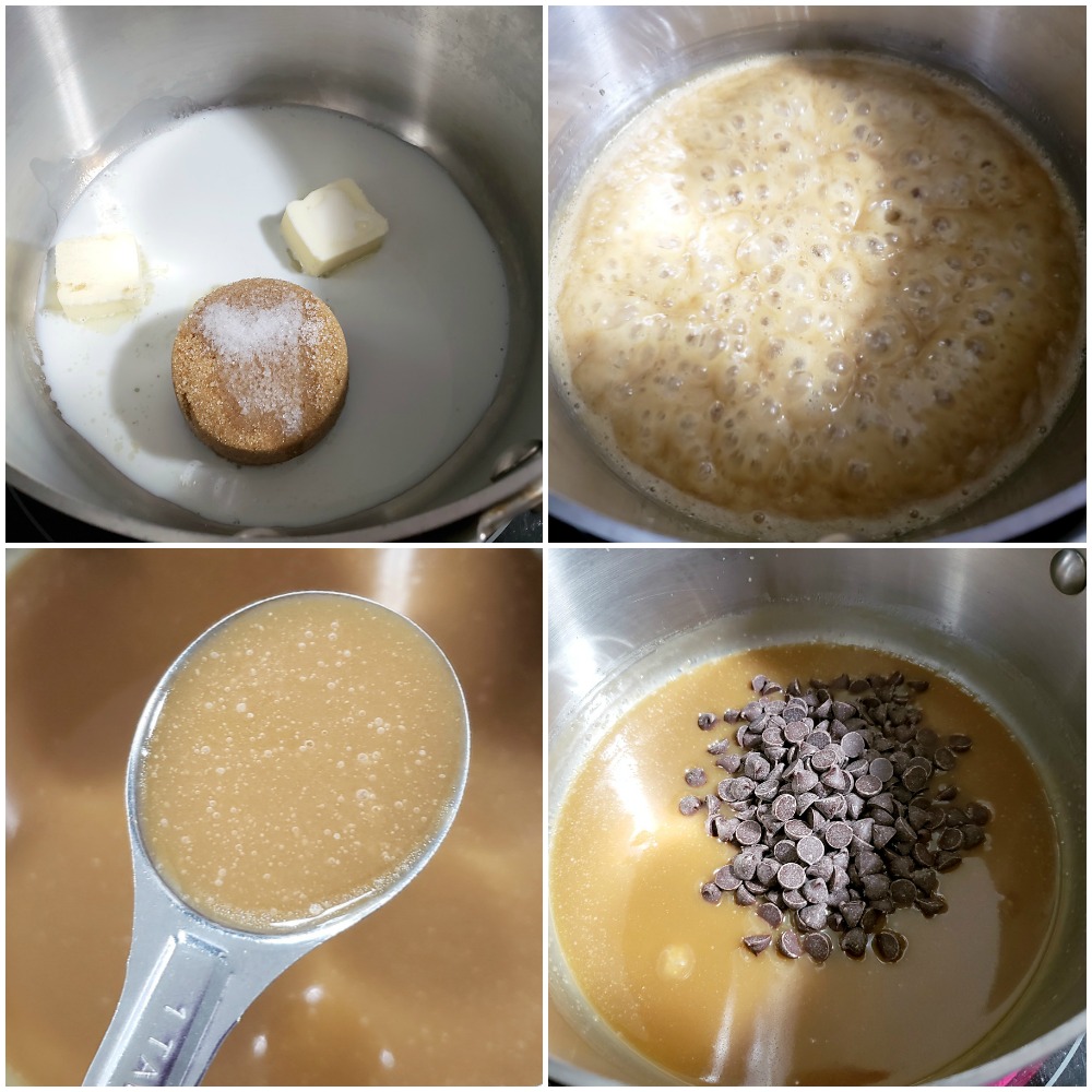 Melting ingredients to make a caramel sauce.