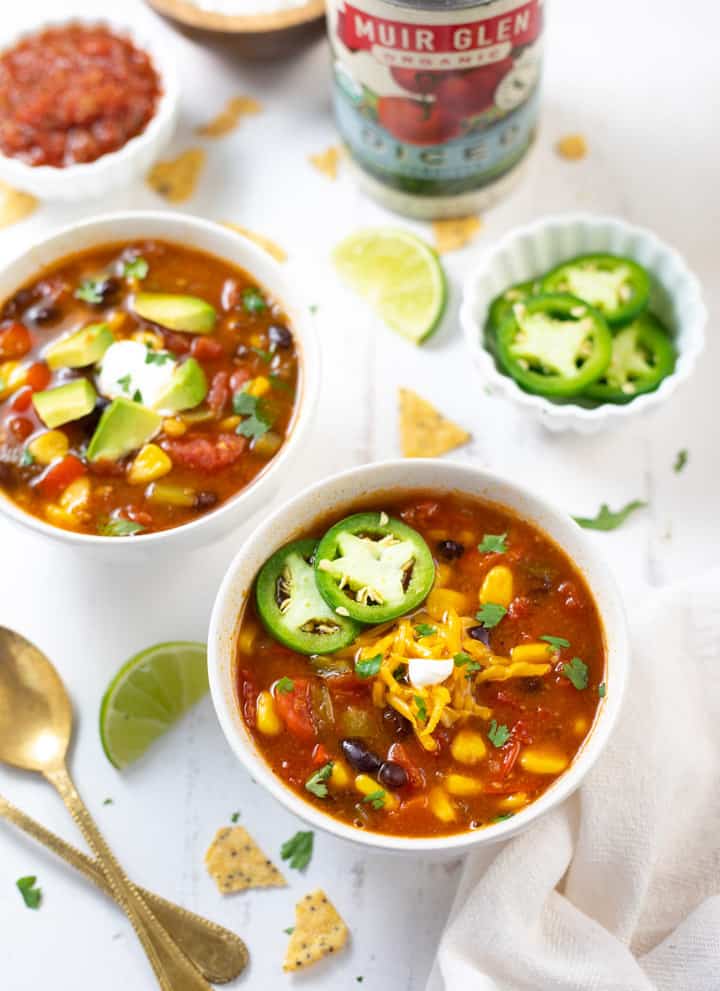 taco soup topped with sliced jalapenos.