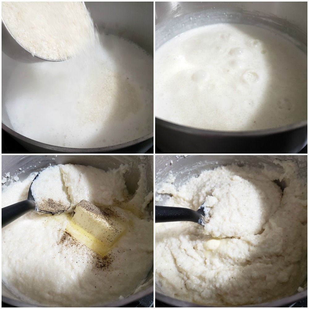 Making grits in a sauce pan.