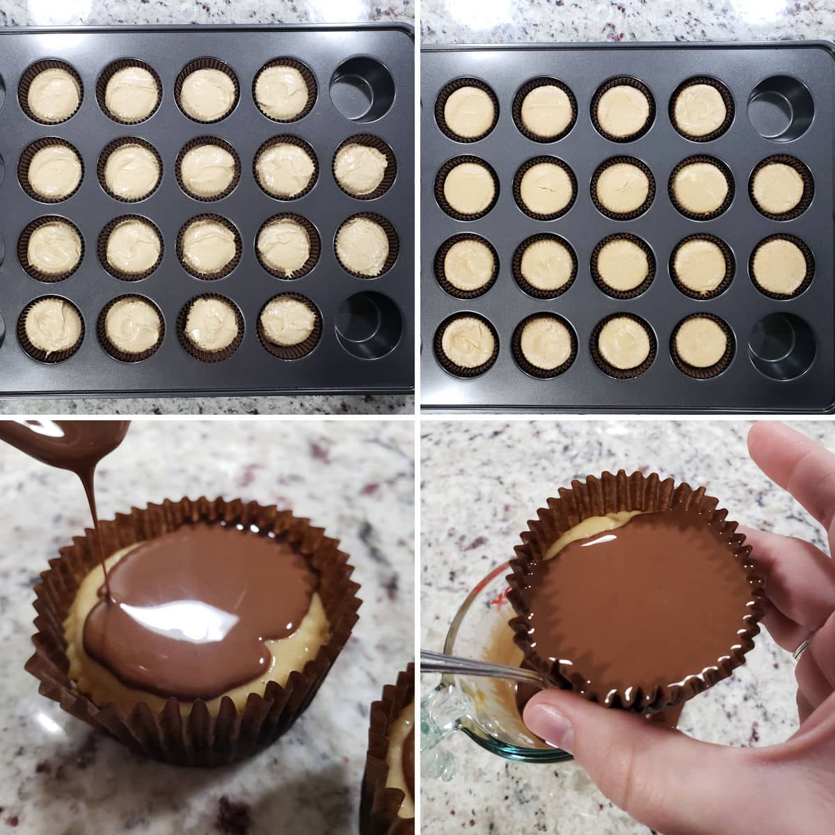 Baking and decorating mini peanut butter cup cheesecakes.