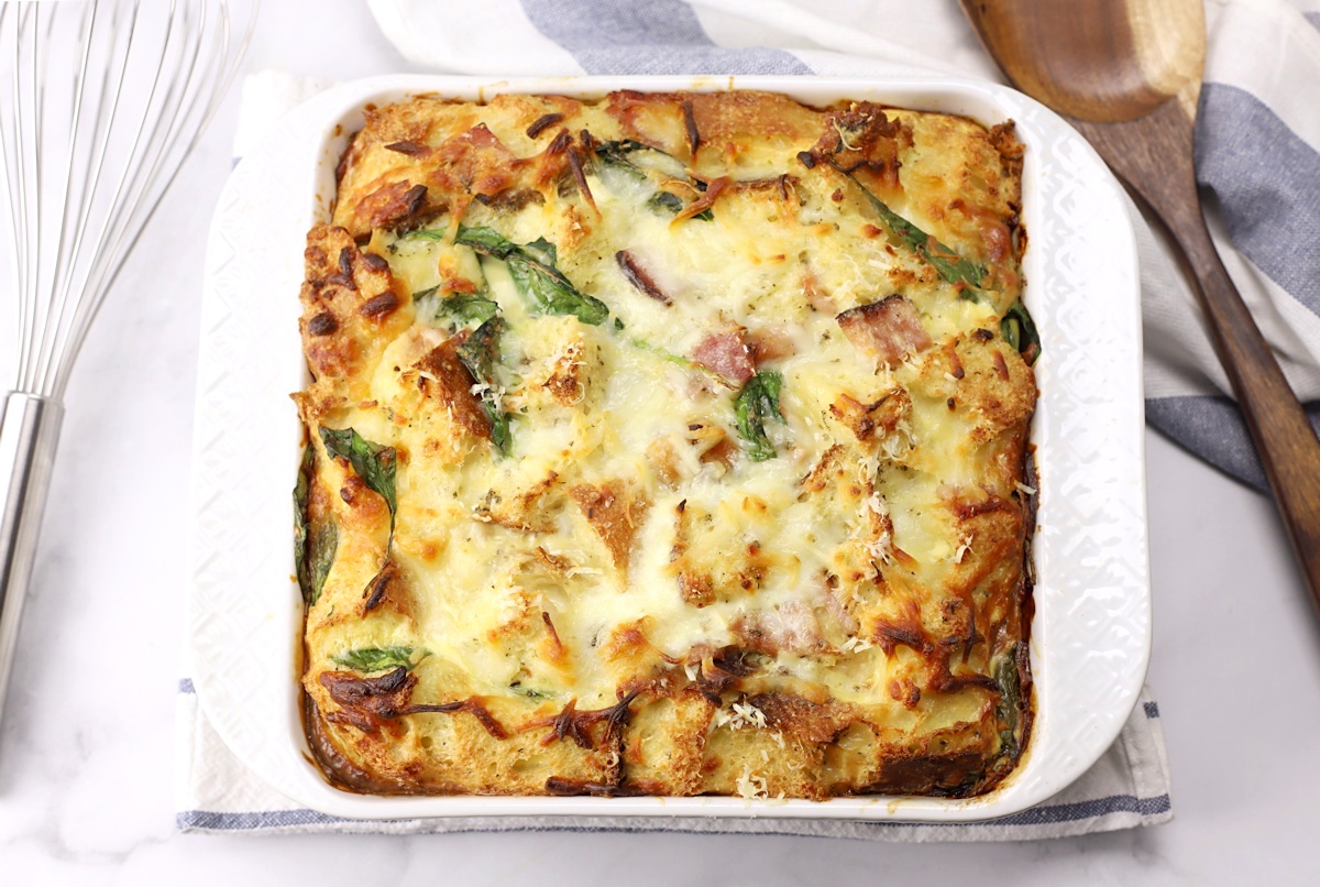 Spinach and ham in a breakfast casserole.