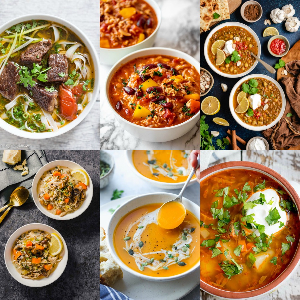 Collage of images of hearty winter soups.