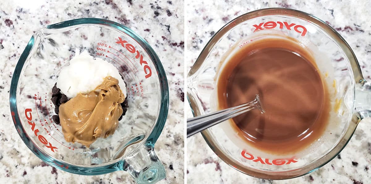 Making chocolate peanut butter magic shell in a glass bowl.