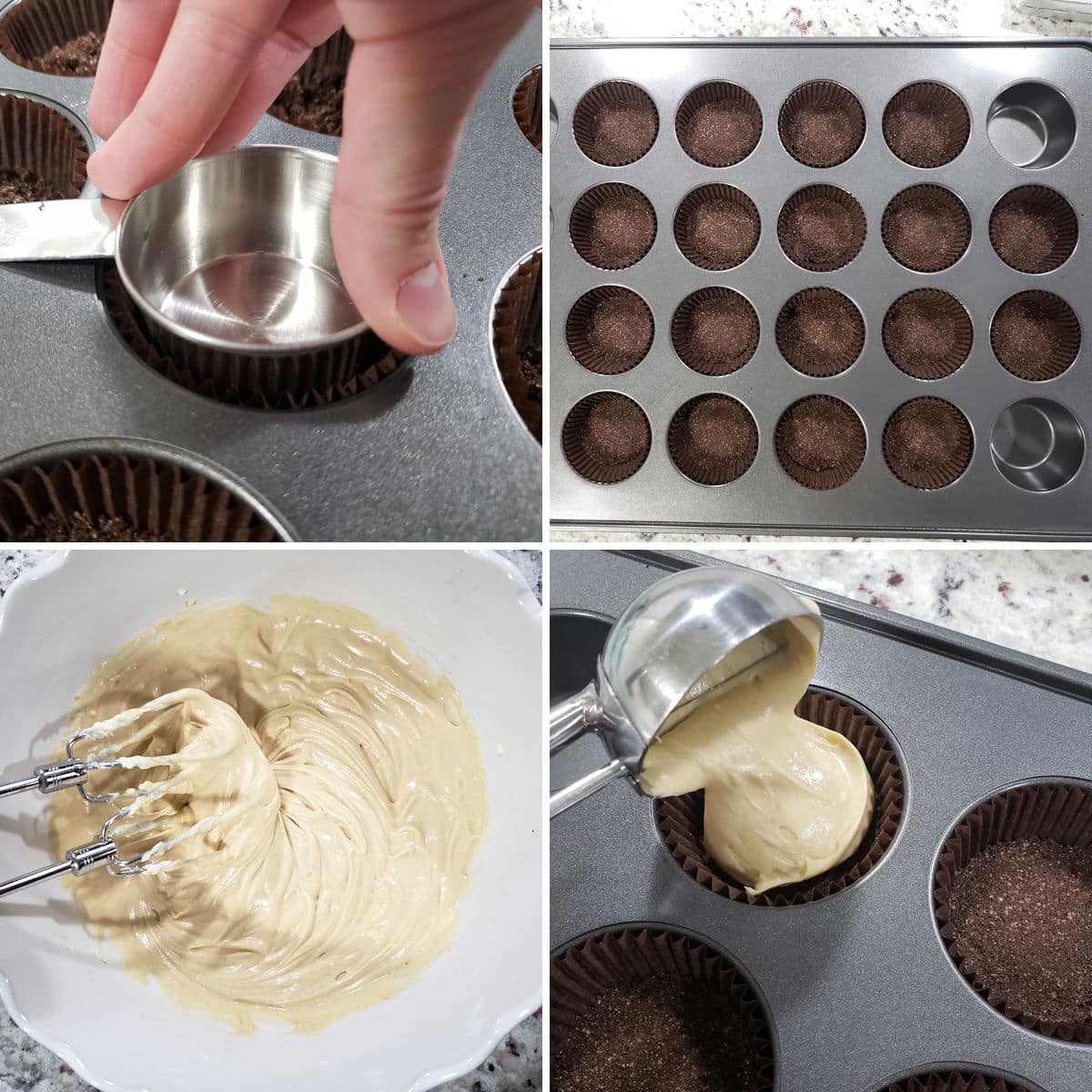 Making mini peanut butter cup cheesecakes.