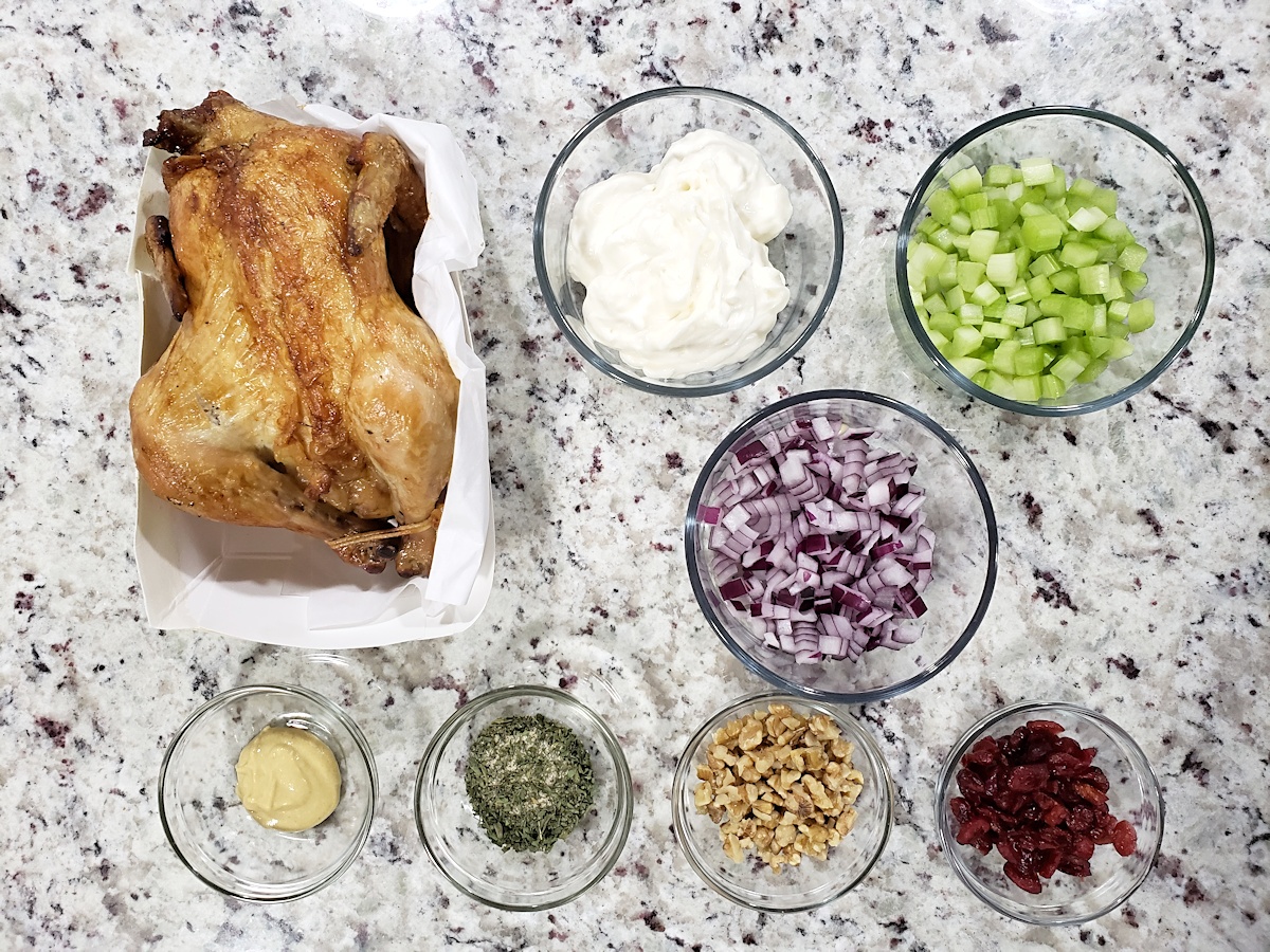 Ingredients to make rotisserie chicken salad.