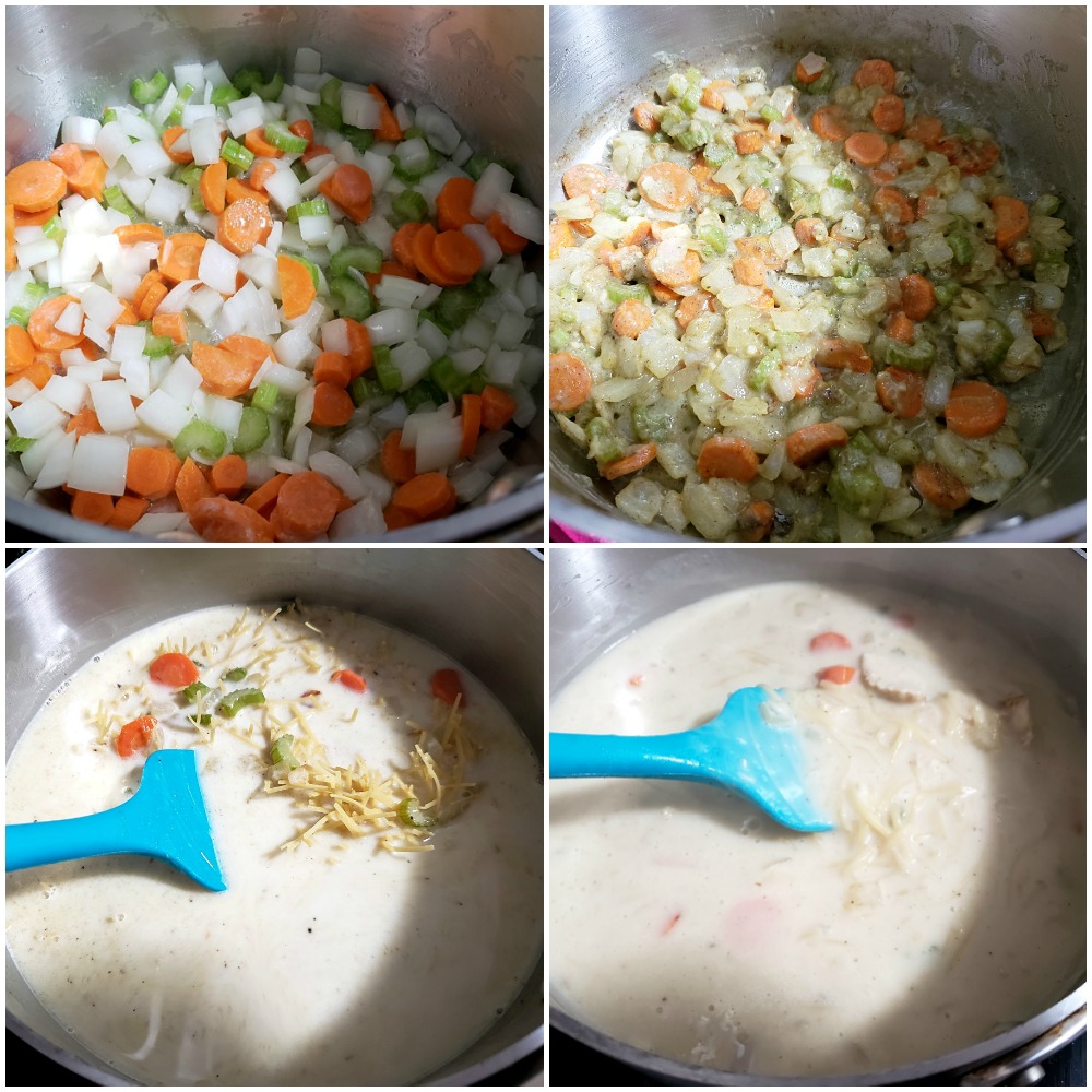 Cooking vegetables and adding broth to make soup.