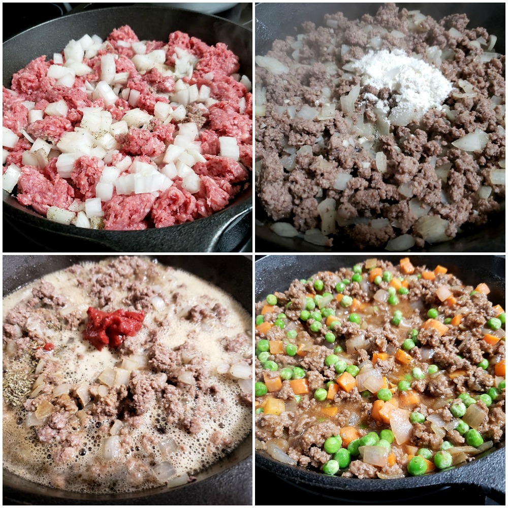 Cooking ground beef with other ingredients in a cast iron pan.