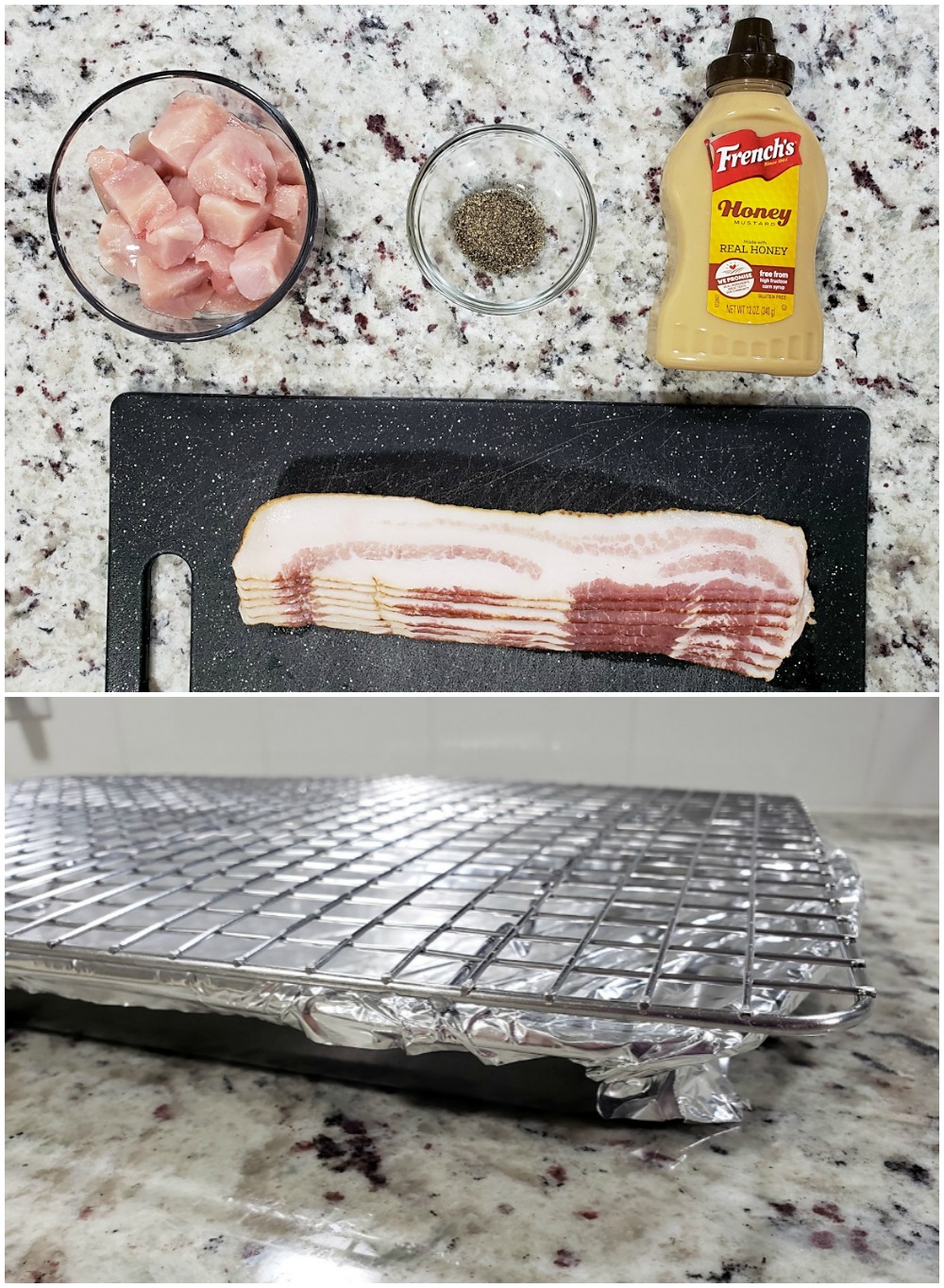 Chicken, pepper, mustard, and bacon laid out on a counter top.