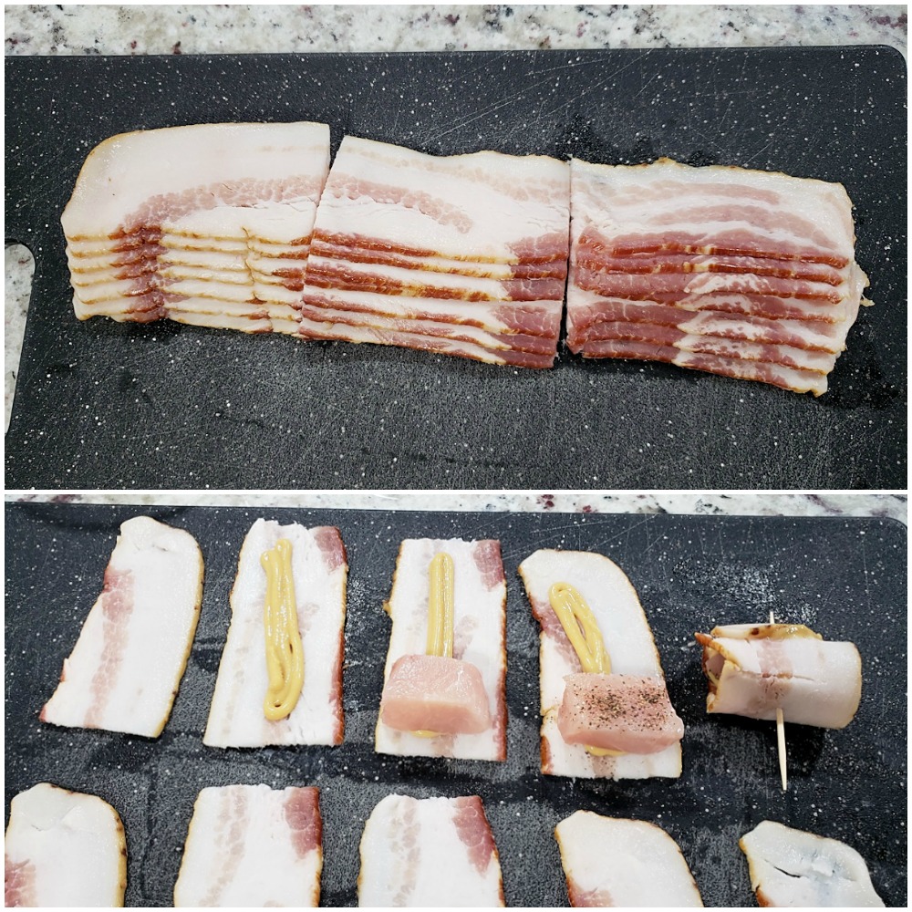 Slicing bacon into thirds and assembling ingredients on a cutting board.