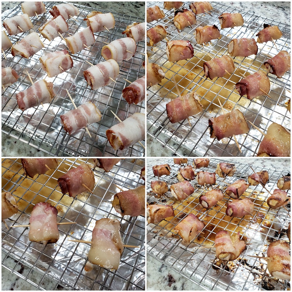 Process of baking bacon wrapped bites on a baking sheet.