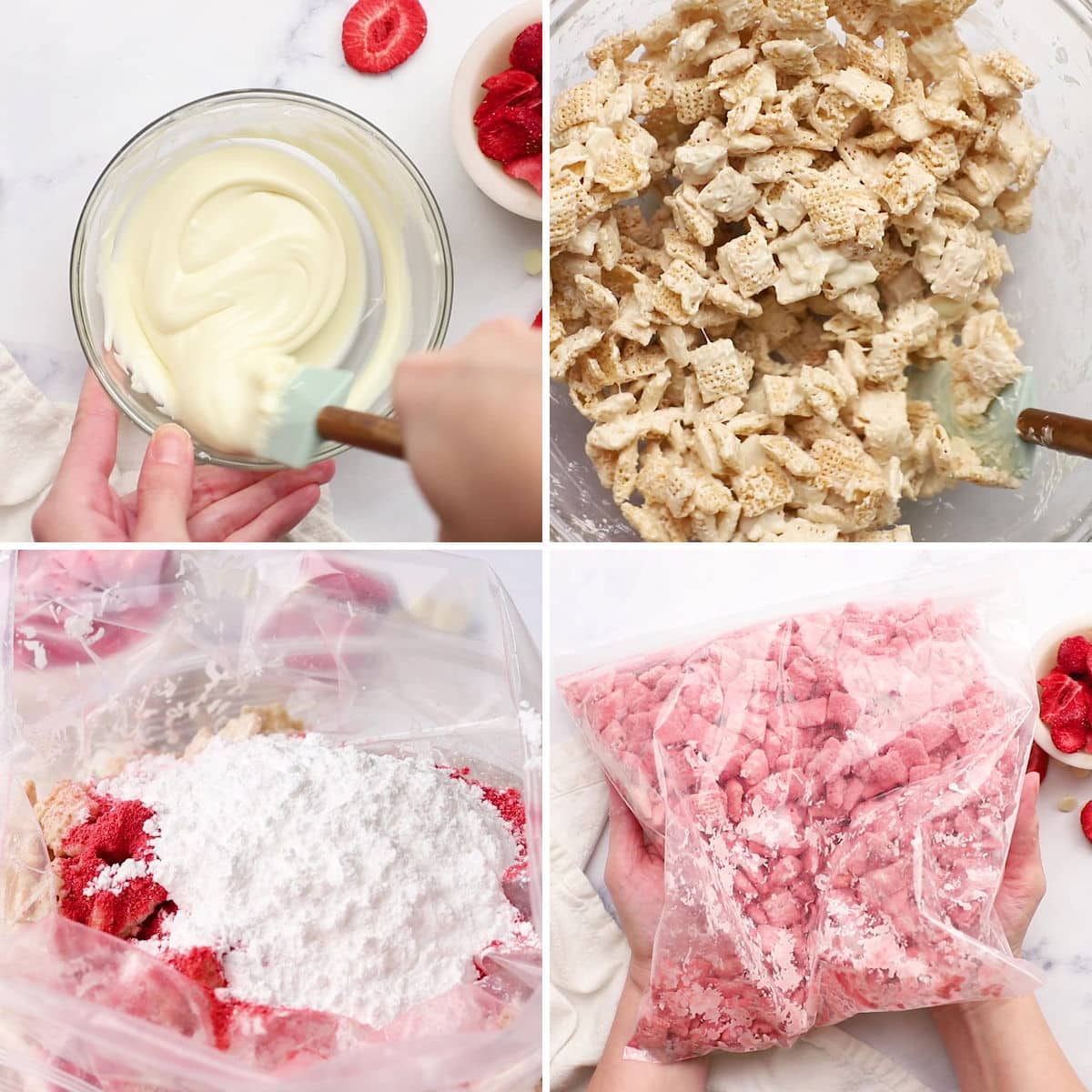 Making strawberry muddy buddies in a plastic bag.