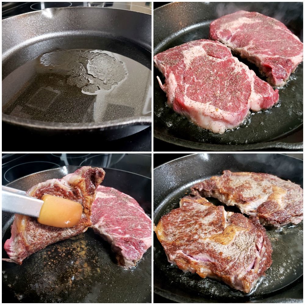 Searing steaks in a pan.