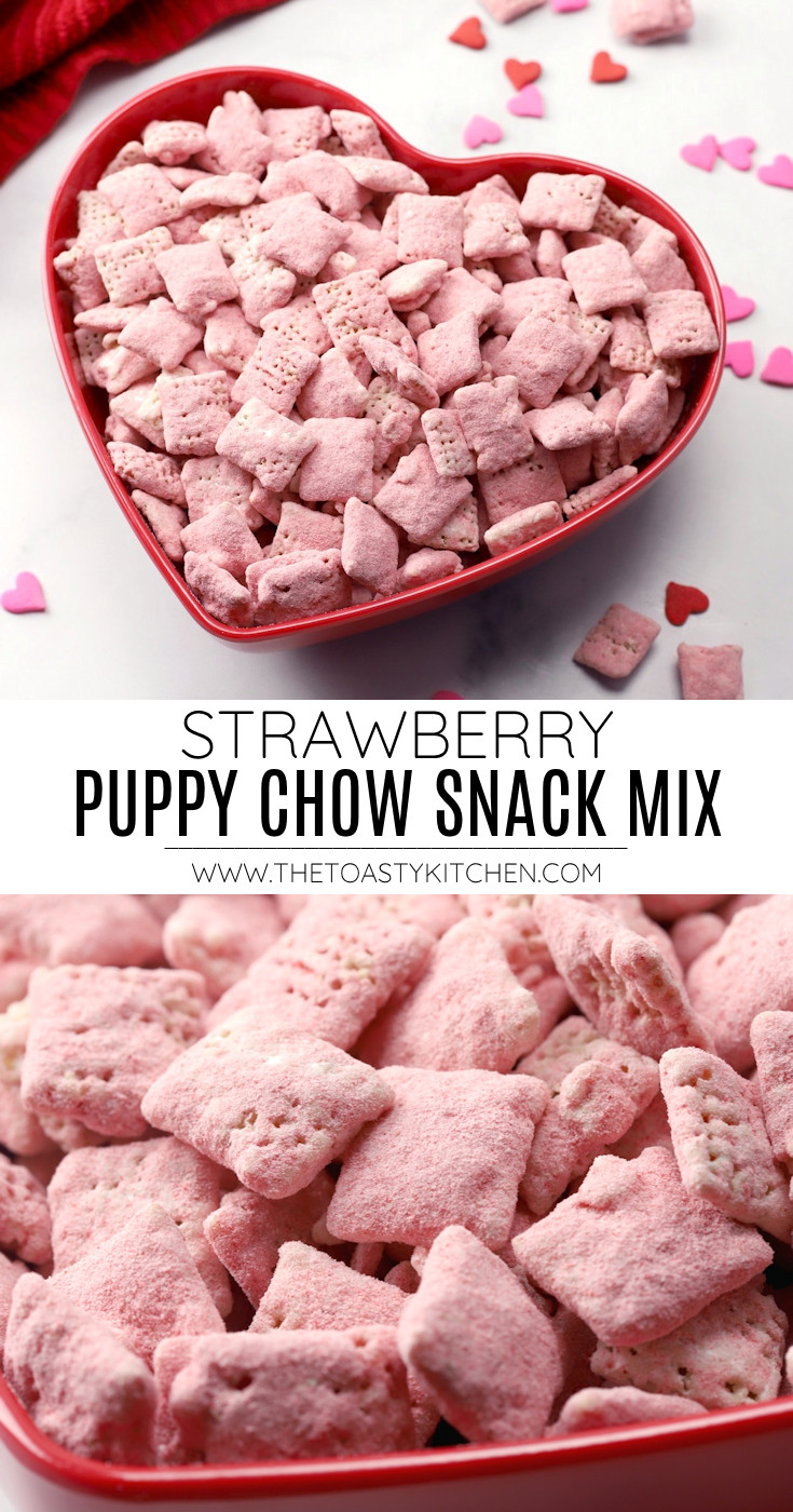 Strawberry puppy chow snack mix recipe.