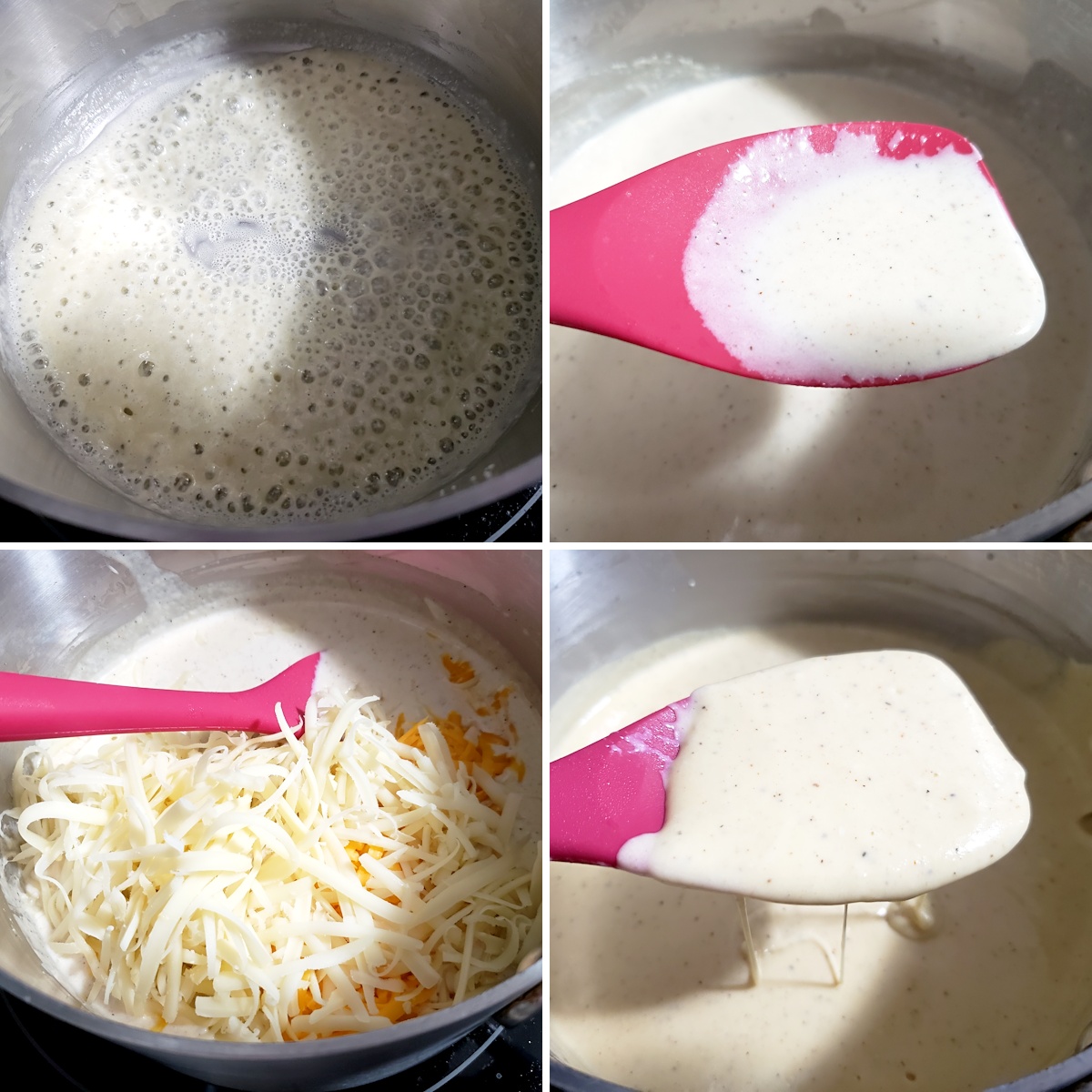 Making a roux, adding milk and cheese. 