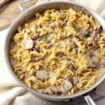 Saute pan filled with ground beef stroganoff.